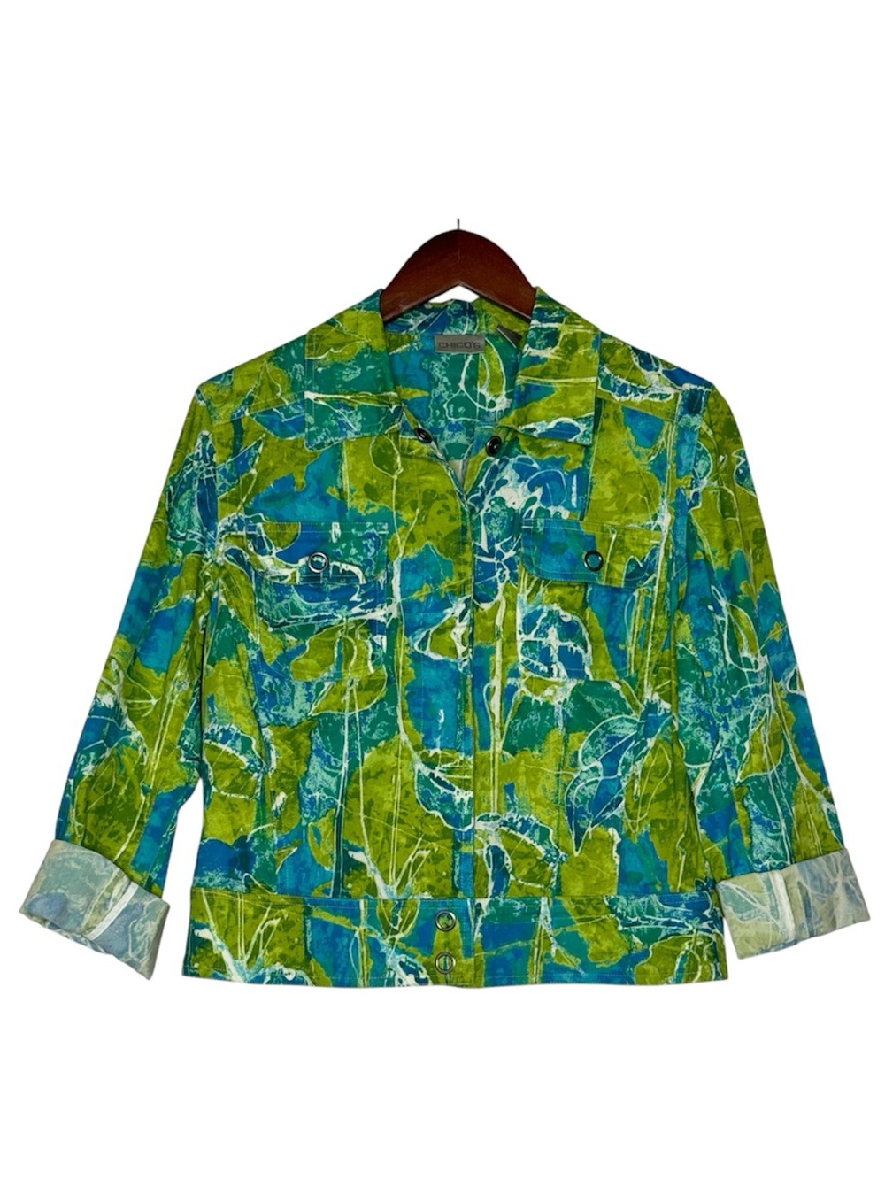 Chicos Watercolor Floral Cropped Jacket Blue Green Artsy Roses Abstract SZ Small